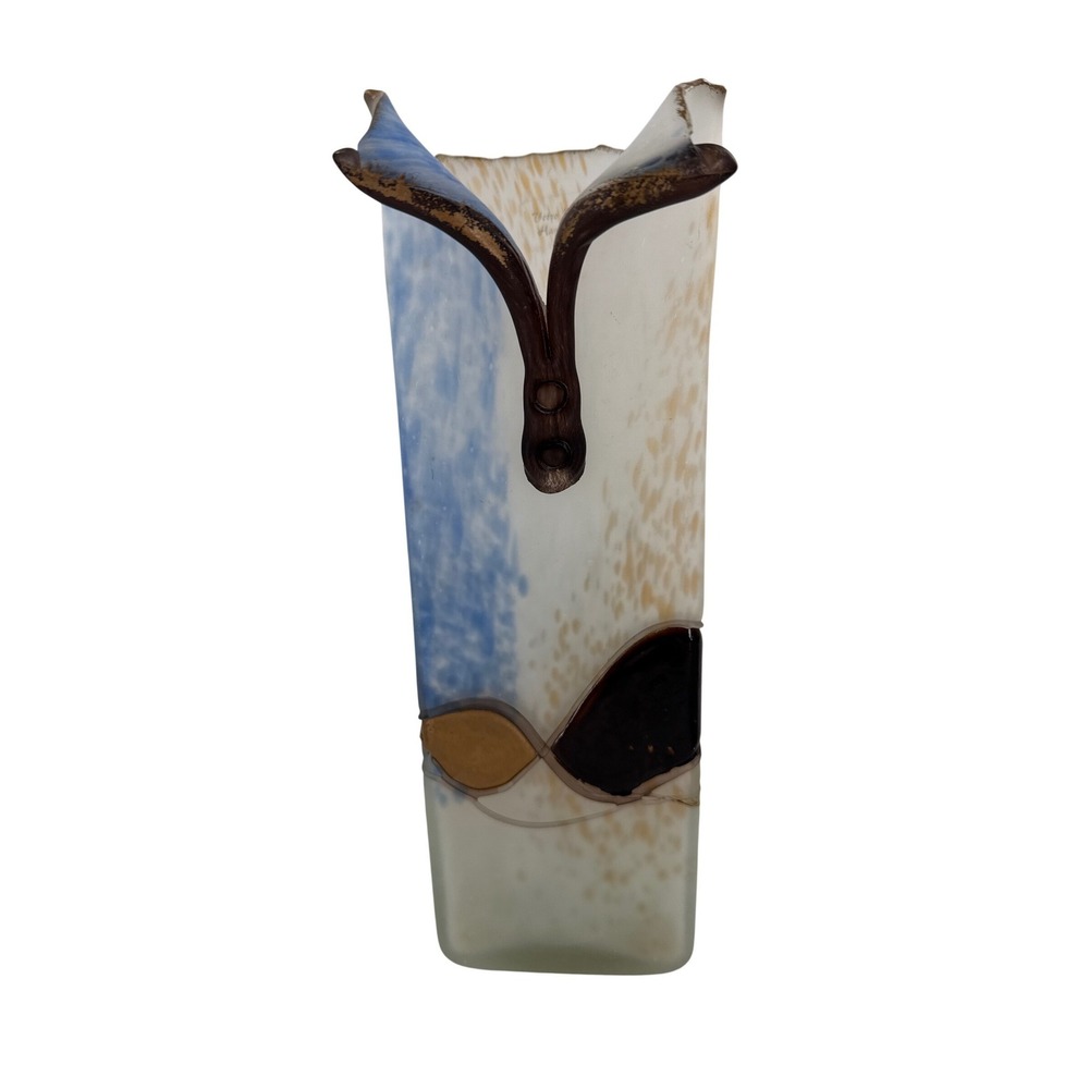 Omaggio Vetro Italiano Hand Made Art Glass Vase Frosted Blue‎ Amber Zipper Top